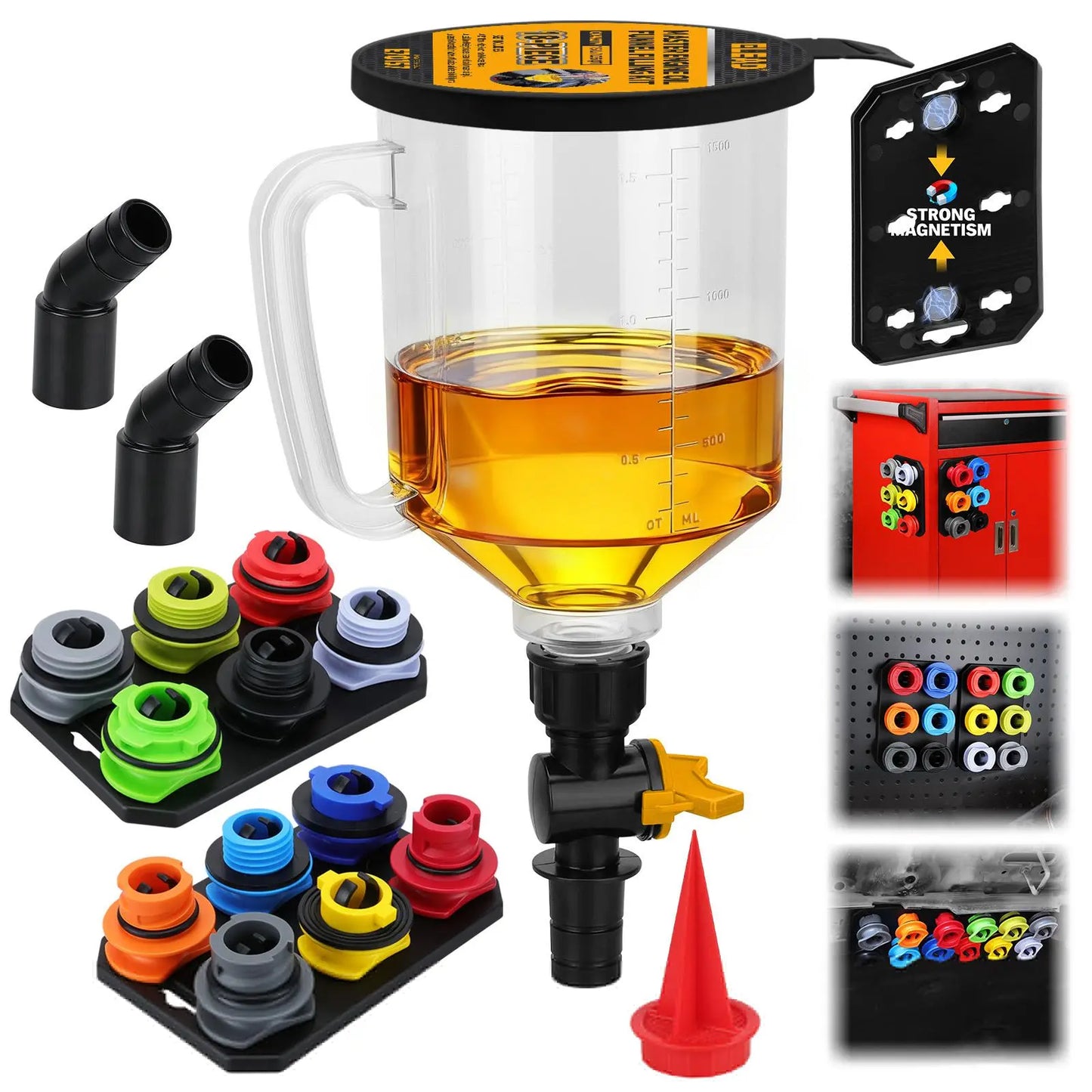 18-Piece Automotive Engine Oil Funnel Kit – 1.5L Car Maintenance Tool Set with 12 Adapters, Elbow Fitting, Magnetic Hooks & Storage Tray for GM, Ford, BMW, Audi & Land Rover