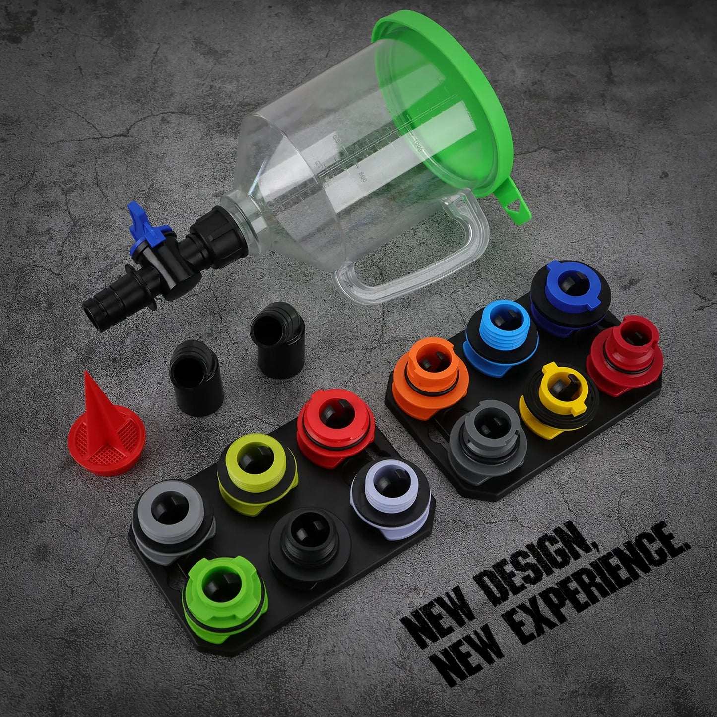 18-Piece Automotive Engine Oil Funnel Kit – 1.5L Car Maintenance Tool Set with 12 Adapters, Elbow Fitting, Magnetic Hooks & Storage Tray for GM, Ford, BMW, Audi & Land Rover