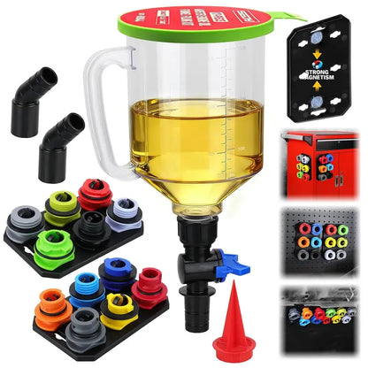 18-Piece Automotive Engine Oil Funnel Kit – 1.5L Car Maintenance Tool Set with 12 Adapters, Elbow Fitting, Magnetic Hooks & Storage Tray for GM, Ford, BMW, Audi & Land Rover